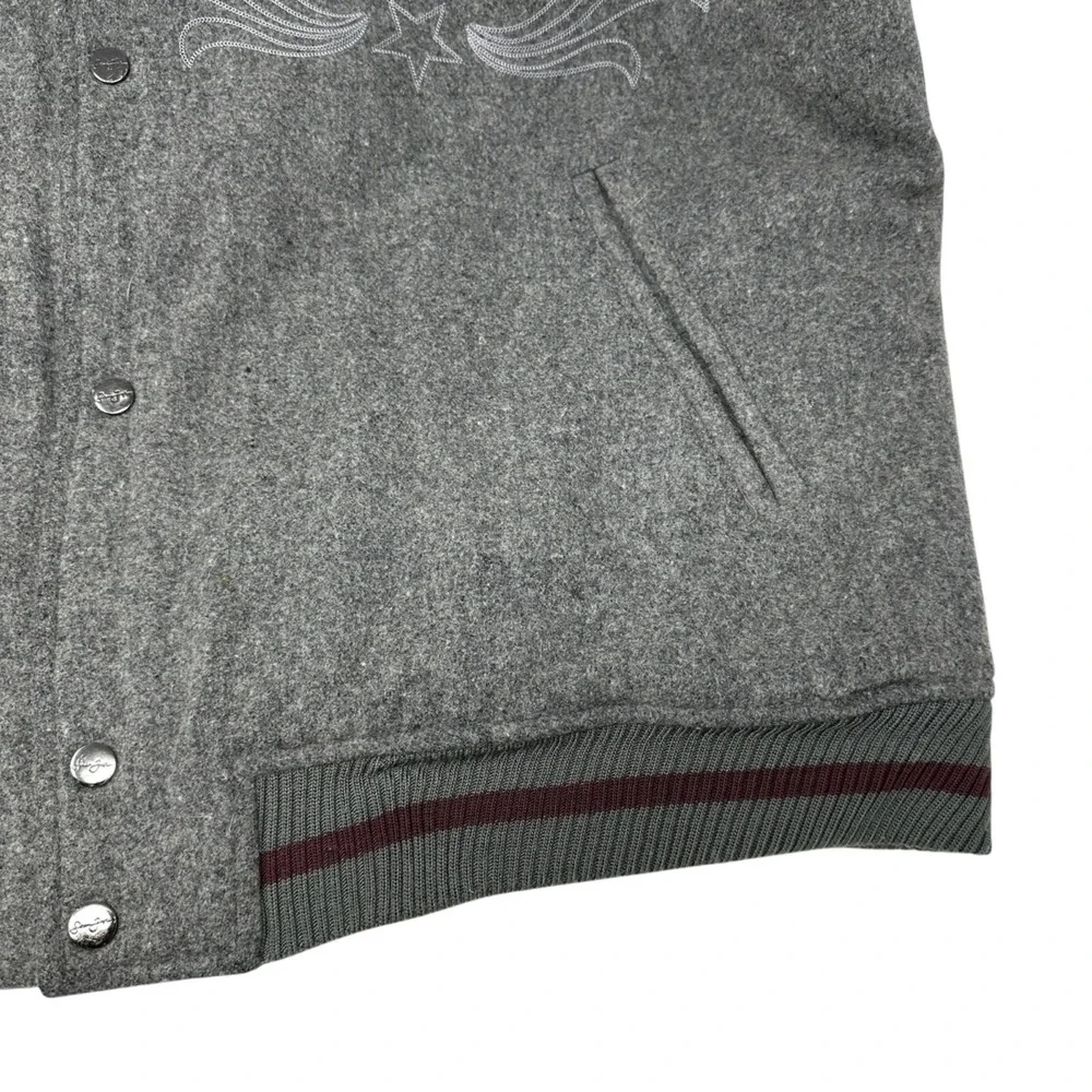 SEAN JOHN‎ Vintage Mens Grey Varsity Bomber Jacket Embroidery Snap Pockets XL